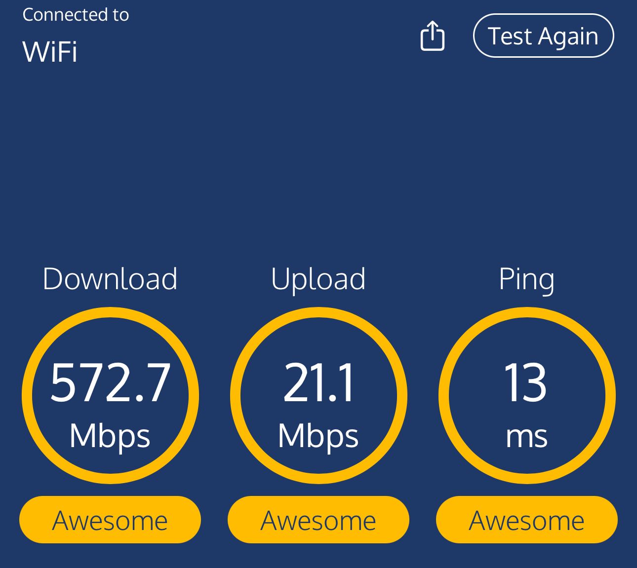 Screenshot showing 572Mbps download, 21Mbps upload, and a 13ms ping